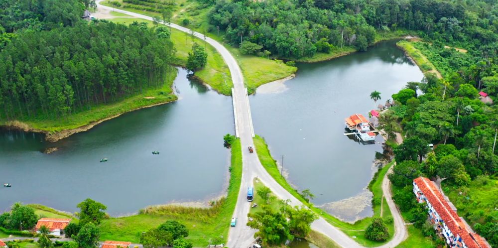 Vista aérea de un lago y una carretera entre bosque